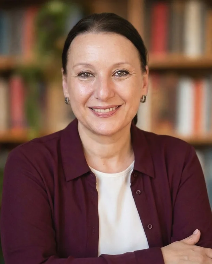 Елена Милушева, магистър-психолог, на фона на библиотека